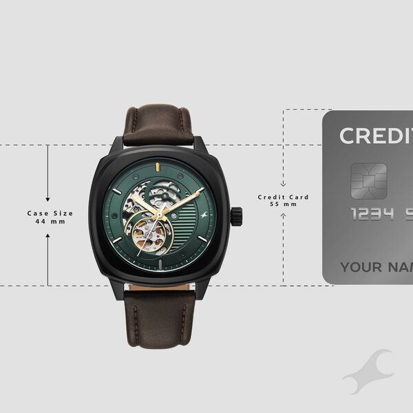 Fastrack Automatics Collection Green Dial Brown Leather Strap Watch For Guys - image number 3