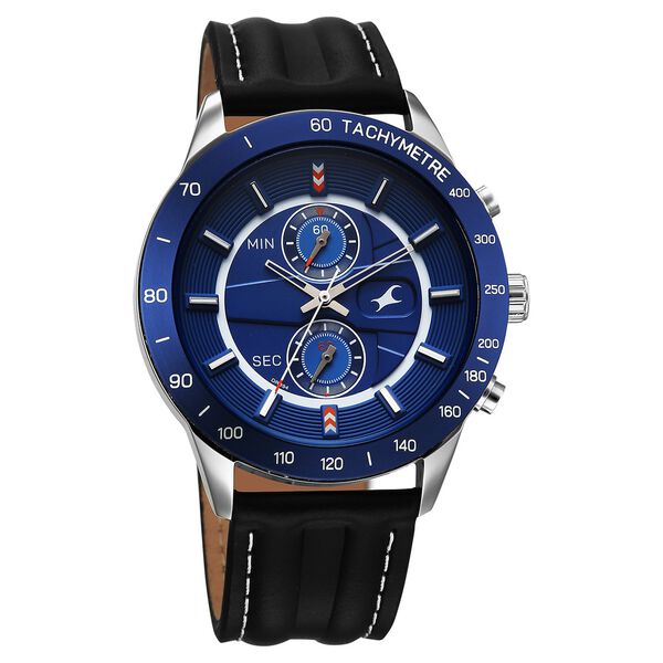 Fastrack Overdrive Quartz Chronograph Tachymeter Blue Dial Black Leather Strap Watch For Guys - image number 1