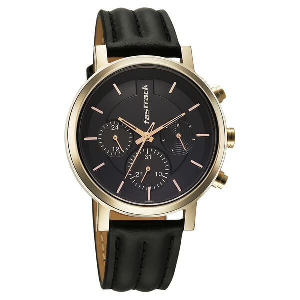 Fastrack Chrome K Quartz Multifunction Black Dial Black Leather Strap Watch For Guys - image number 1