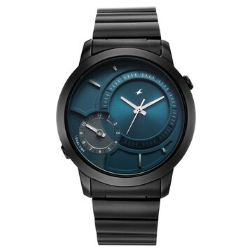 Fastrack Pulse IV Dual Time Watch for Men with Petrol Blue Sunray Dial & Black Metal Strap