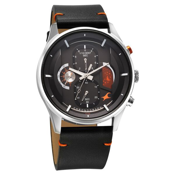 Fastrack Opulence Sun Moon Chronograph Black Dial Black Leather Strap Analog Quartz Watch For Guys - image number 2