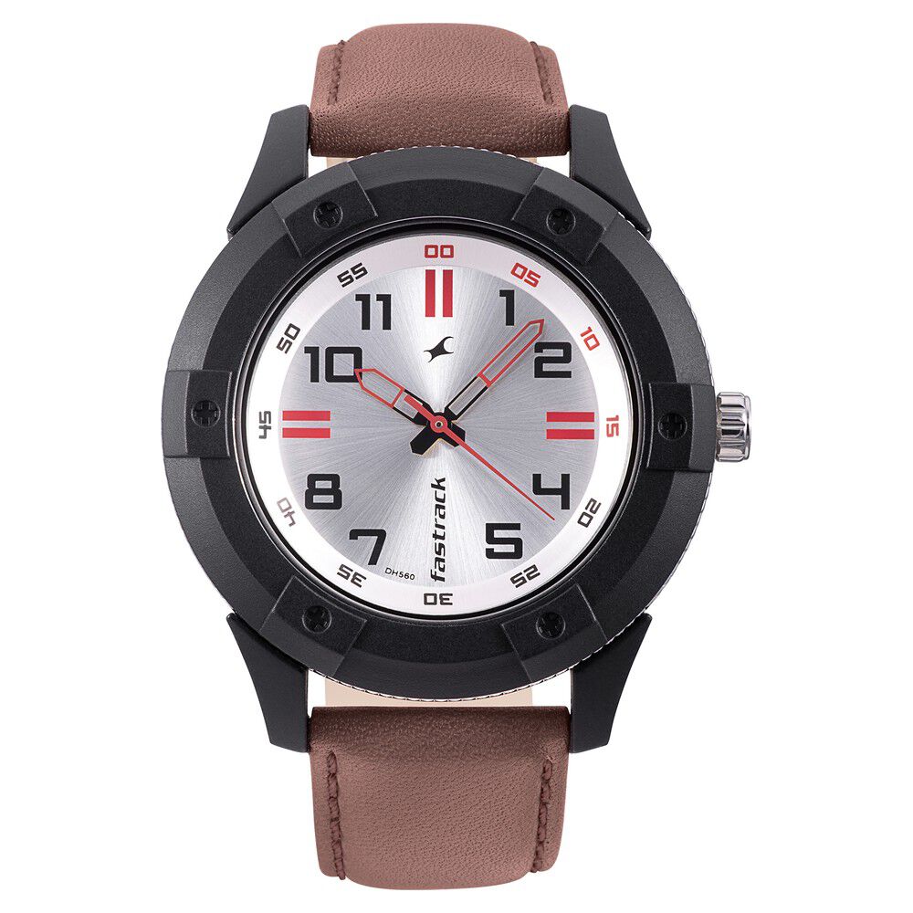 Fastrack Quartz Analog Silver Dial Leather Strap Watch for Guys