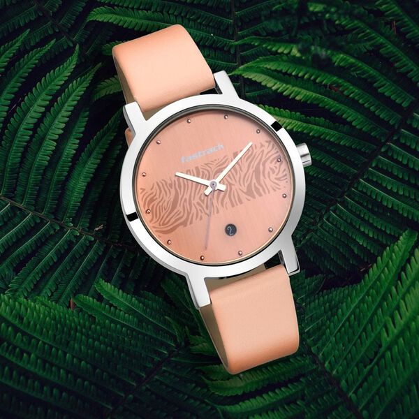 Fastrack Animal Print Quartz Analog with Date Rose Gold Dial Leather Strap Watch for Girls - image number 0