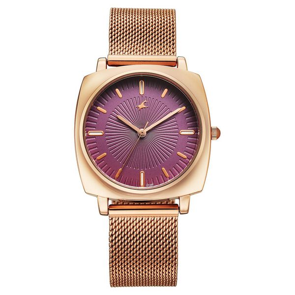 Fastrack Stunners Quartz Analog Purple Dial Rose Gold Stainless Steel Strap Watch For Girls - image number 0