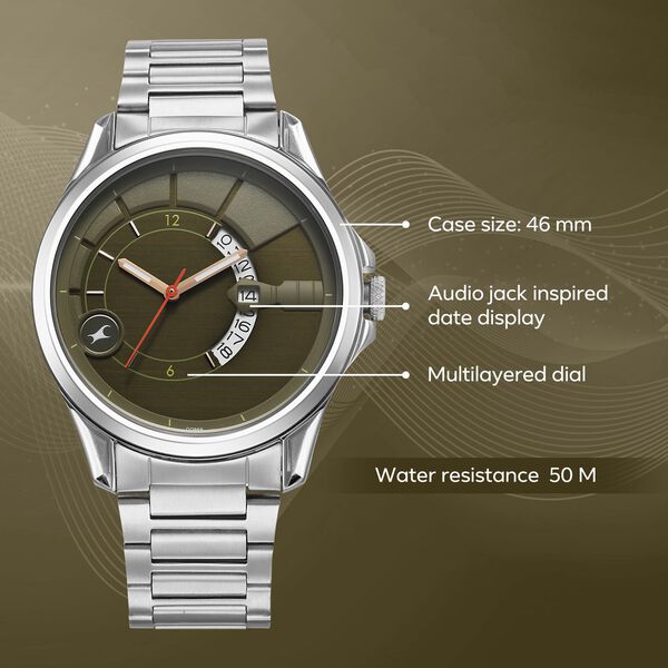 Fastrack Groove Quartz Analog with Date Green Dial Silver Stainless Steel Strap Watch For Guys - image number 2