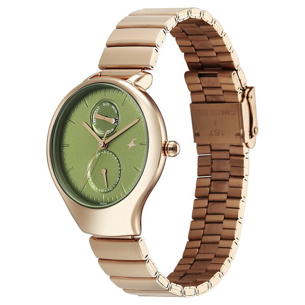 Fastrack Gelato champagne multifunction metal strap watch with Matcha green dial for Girls - image number 2
