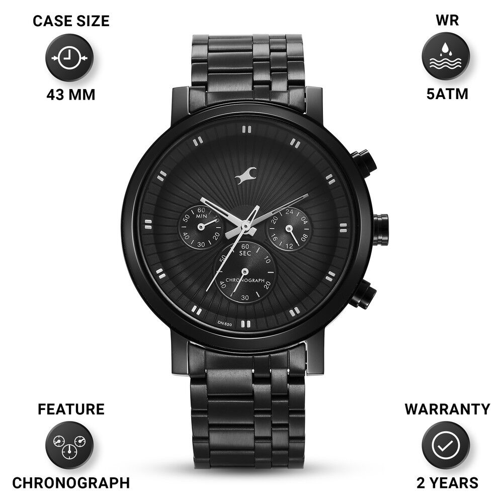 Fastrack Kronos Multifunction Black Dial Stainless Steel Strap