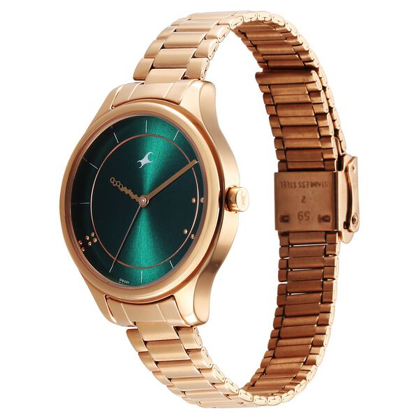 Fastrack Stunners Quartz Analog Green Dial Rose Gold Metal Strap Watch For Girls - image number 2