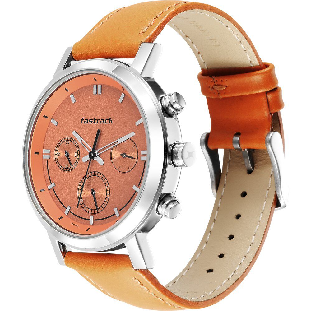Fastrack Tick Tock Quartz Multifunction Orange Dial Leather Strap