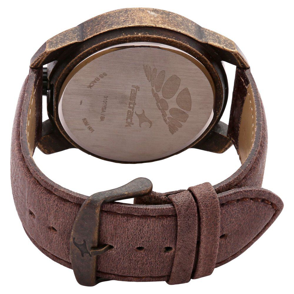 Fastrack Quartz Analog Golden Dial Leather Strap Watch for Guys