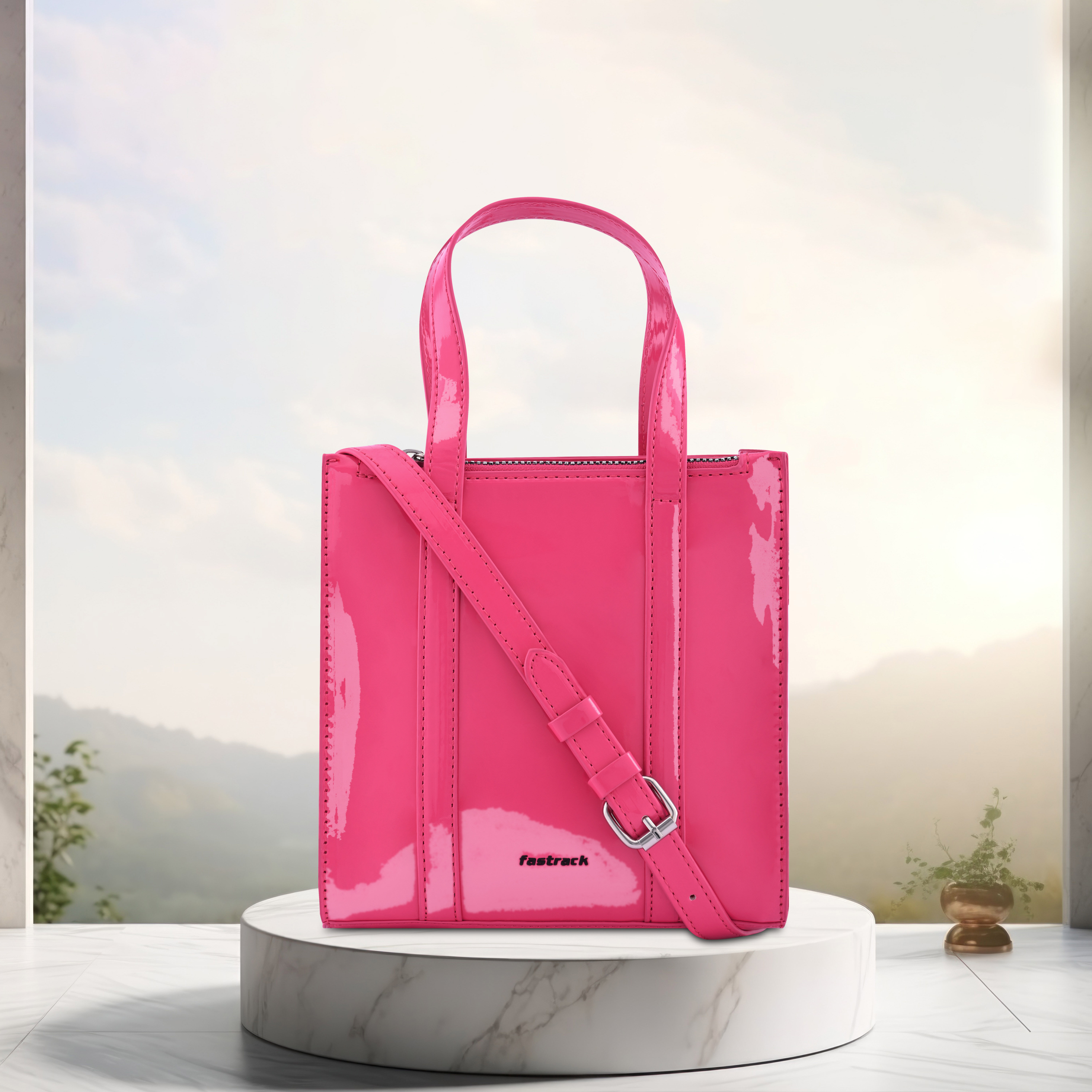 Buy Online Fastrack Faux Leather Zipper Satchel in Pink