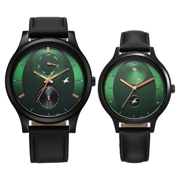 Fastrack Mixmatched Quartz Multifunction Green Dial Black Leather Strap Watch For Couple - image number 1