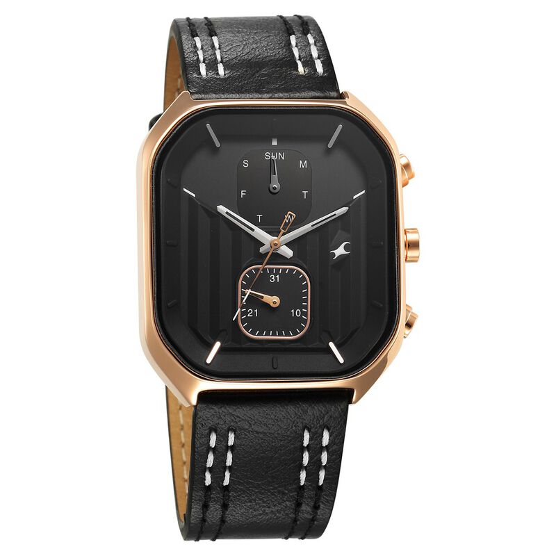 Fastrack Fleek Quartz Multifunction Black Dial Leather Strap Watch For Guys