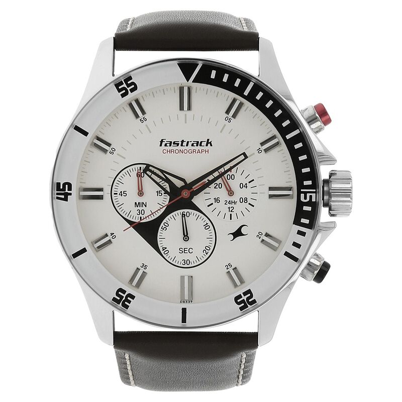Fastrack Big Time Quartz Chronograph White Dial Leather Strap Watch for Guys - image number 0