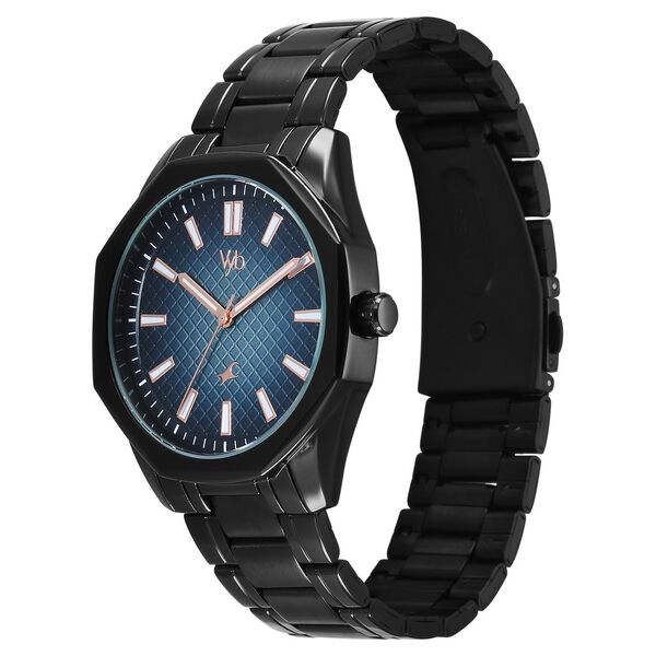 Vyb Quest By Fastrack Quartz Analog Blue Dial Black Metal Strap Watch For Guys - image number 2