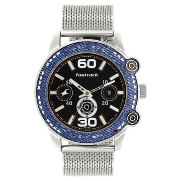 Fastrack Denim Quartz Analog with Day and Date Black Dial Stainless Steel Strap Watch for Guys