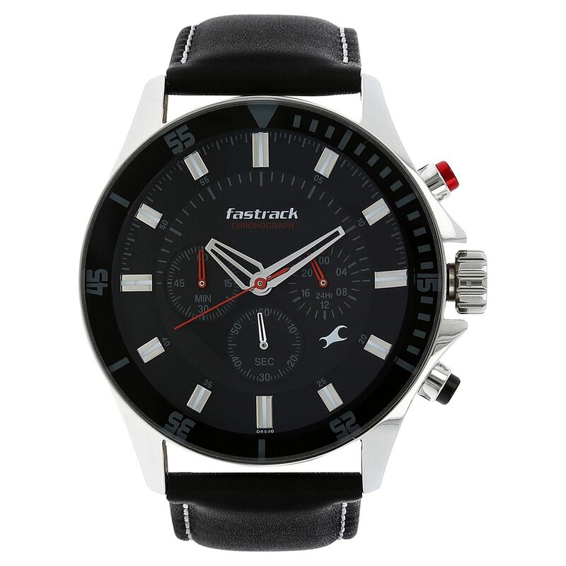 Buy Online Fastrack Big Time Quartz Chronograph Black Dial Leather