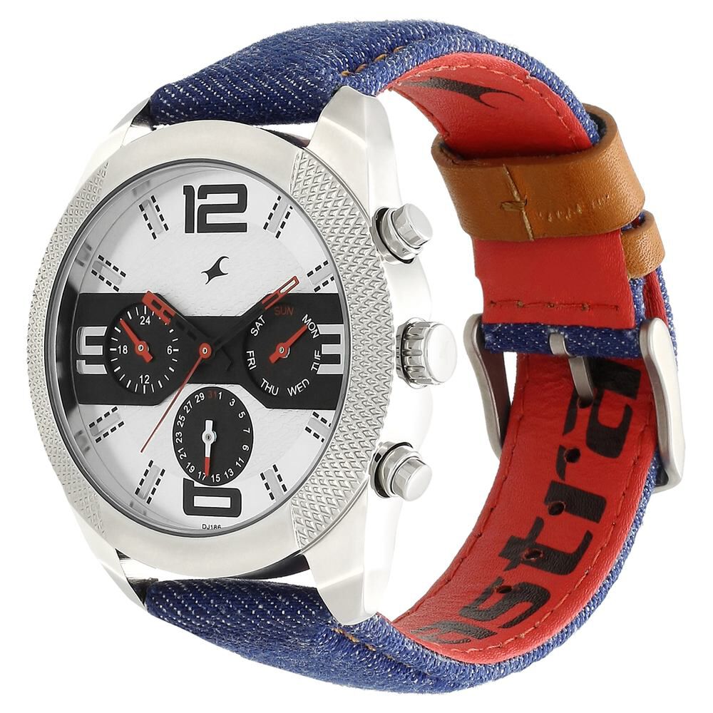Fastrack Denim Quartz Multifunction White Dial Denim Strap Watch for Guys