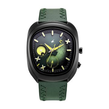 Fastrack Spooky Quartz Multifunction Watch for Men with Dark Green Dial and Green Leather Strap