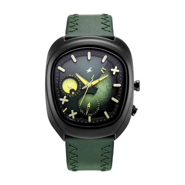 Fastrack Spooky Quartz Multifunction Watch for Men with Dark Green Dial and Green Leather Strap - image number 0