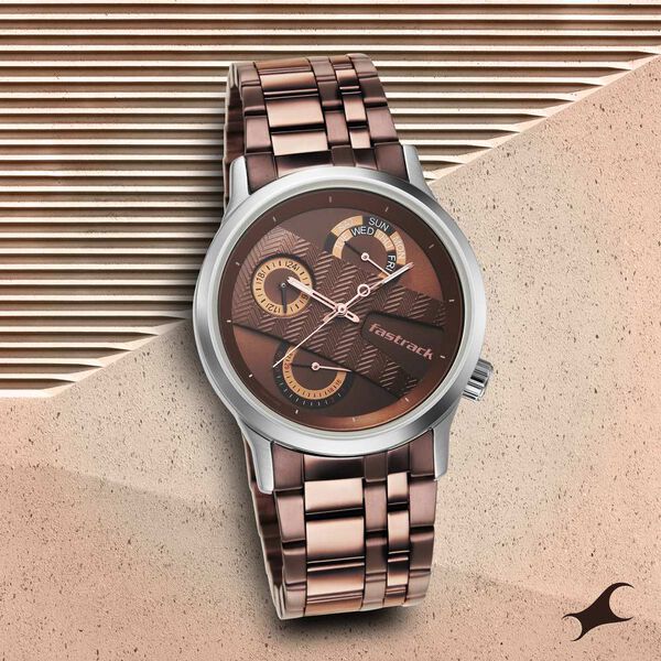 Fastrack Exuberant Quartz Multifunction Brown Dial Metal Strap Watch for Guys - image number 0