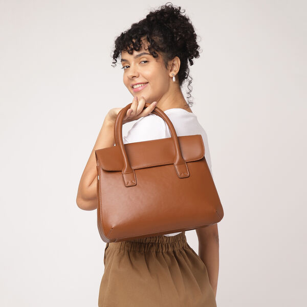 Fastrack Large Satchel Bag for Women | Structured, Stylish Bag With Spacious Compartments | Classic Work Bag Made of High Quality Faux Leather (Tan) - image number 8