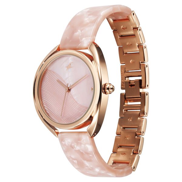 Fastrack Younique Quartz Analog Pink Color Mother Of Pearl Dial Acetate And Metal Strap Watch For Girls - image number 4