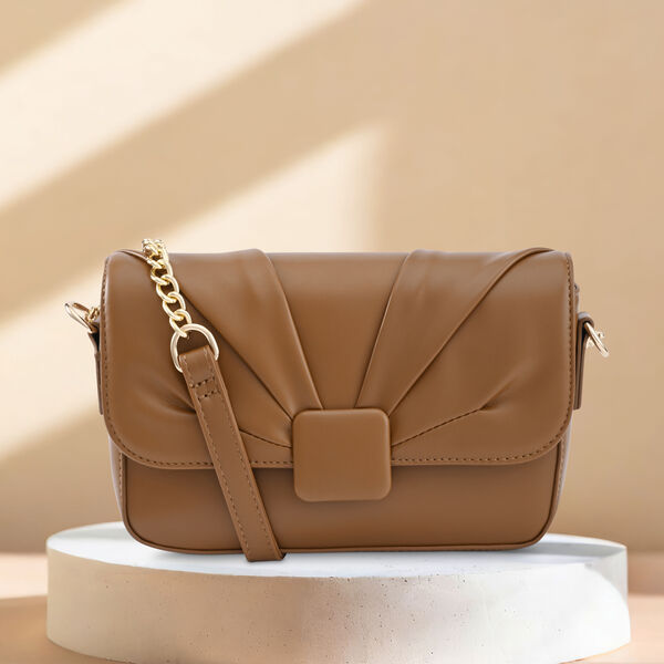 Fastrack Soft-Pleated Sling Bag with Metal Chain Accents  in Tan - image number 0
