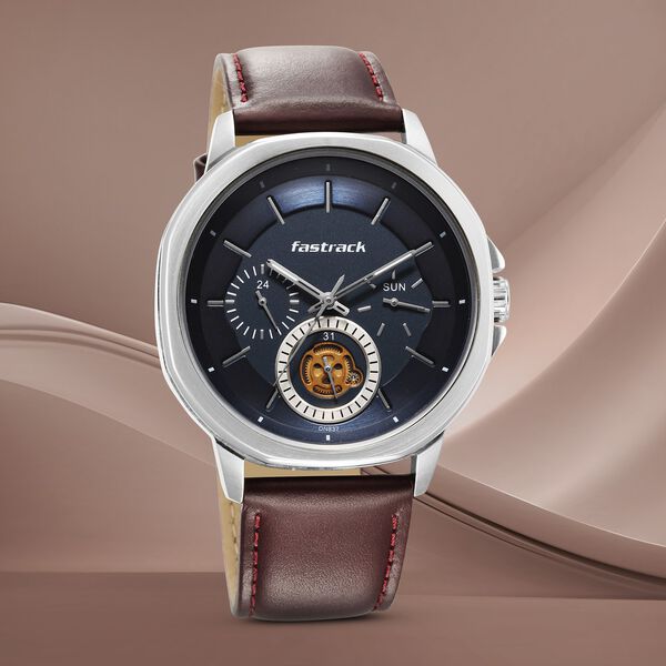 Fastrack Exuberant Quartz Multifunction Blue Dial Leather Strap Watch for Guys - image number 0