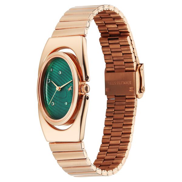 Fastrack UFO Quartz Analog Green Mother Of Pearl Dial Rose Gold Colour Stainless Steel Strap Watch For Girls - image number 2
