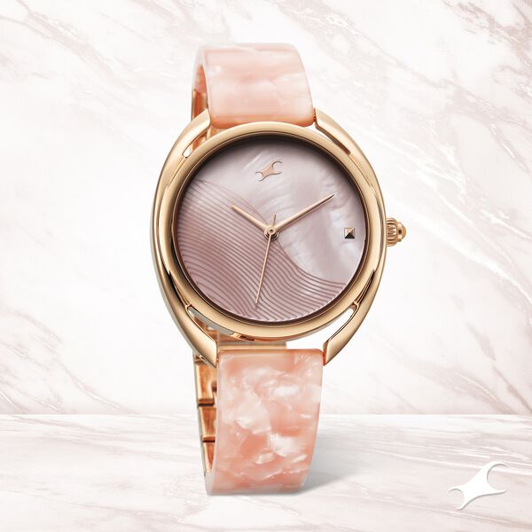 Fastrack Younique Quartz Analog Pink Color Mother Of Pearl Dial Acetate And Metal Strap Watch For Girls - image number 0