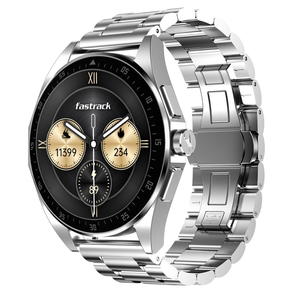 Buy Online Fastrack Radiant FX1 Luxury Metal Smartwatch with 3.6 cm AMOLED Display SingleSync BT Calling Functional Crown Steel 38123sm01 p Fastrack
