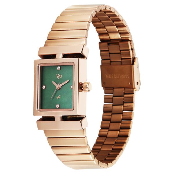 Vyb Showstopper By Fastrack Quartz Analog Green Dial Rose Gold Stainless Steel Strap Watch For Girls - image number 4