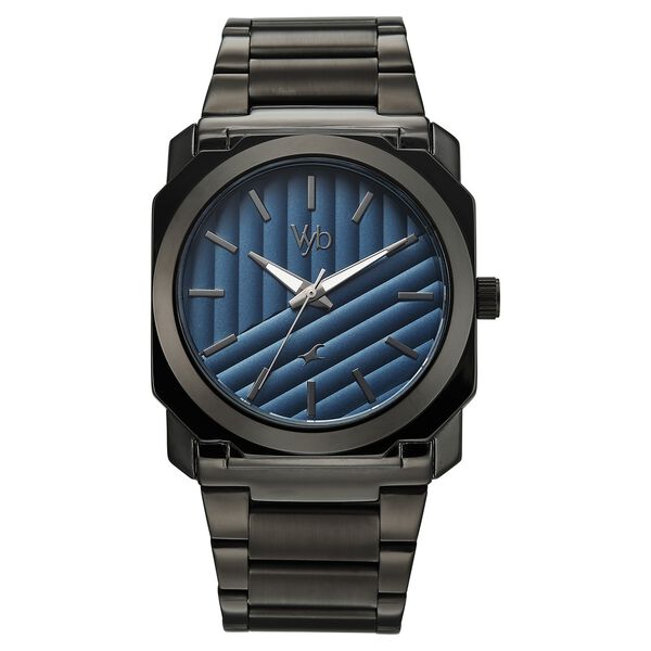 Vyb Challenger By Fastrack Quartz Analog Blue Dial Grey Stainless Steel Strap Watch For Guys - image number 0