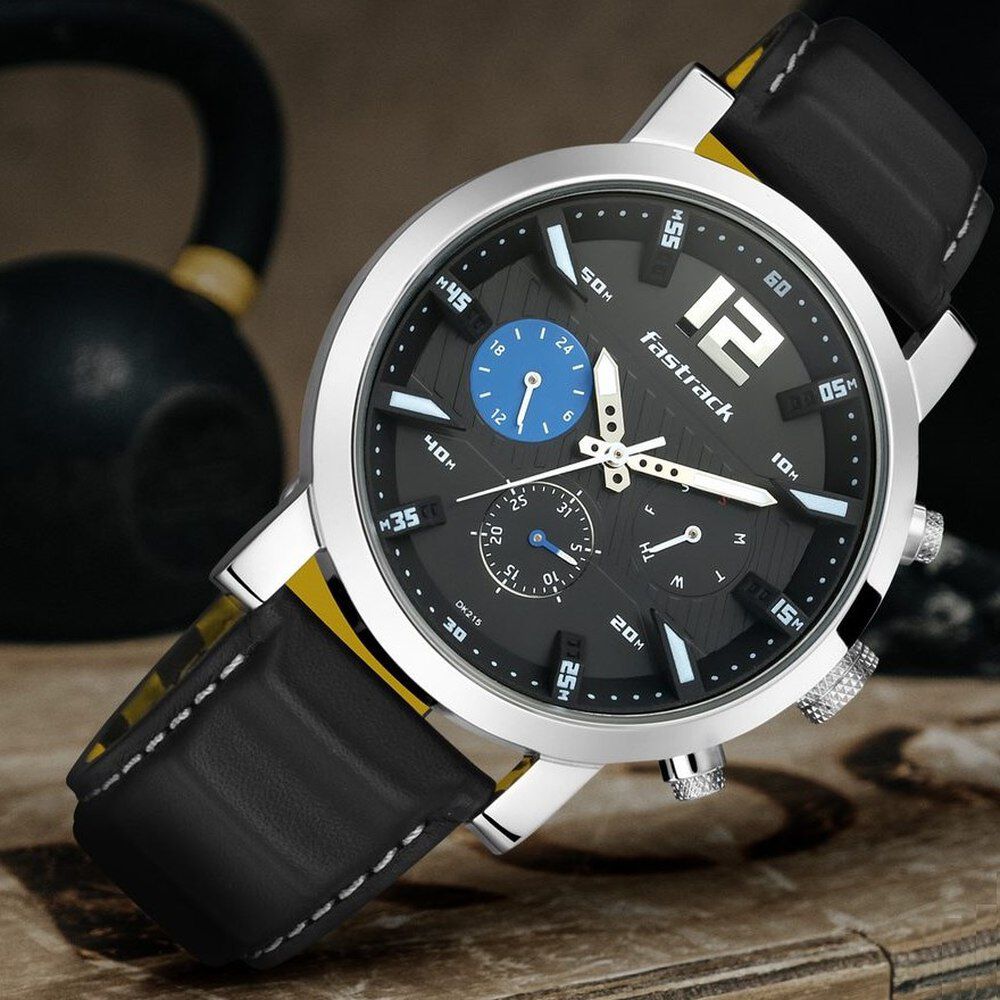Buy Online Fastrack Fastfit Quartz Multifunction Black Dial Leather Strap Watch for Guys ns3227sl01 Fastrack