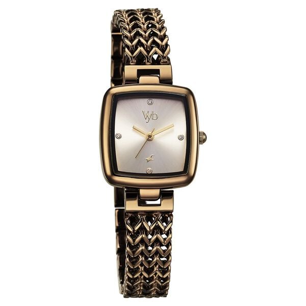 Fastrack Vyb Showstopper Quartz Analog Golden Dial Brown Metal Strap Watch For Girls - image number 2