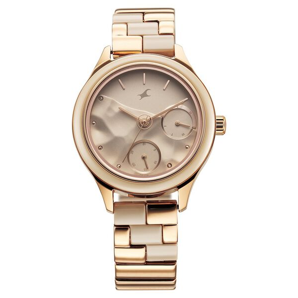 Fastrack Cerame Quartz Multifunction Beige Dial With Champagne Color Steel & Ceramic Strap Watch For Girls - image number 1