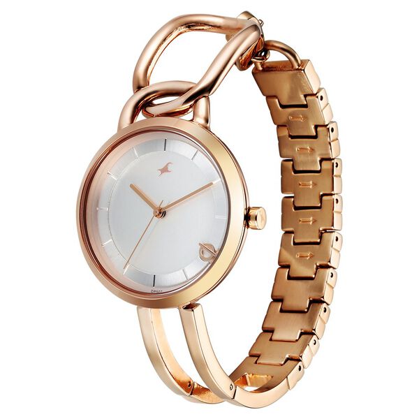 Fastrack Opulence Quartz Analog Silver White Dial Champagne Gold Metal Strap Watch For Girls - image number 2