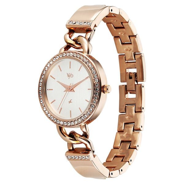 Vyb Mirage By Fastrack Quartz Analog White Dial Rose Gold Metal Strap Watch For Girls - image number 2