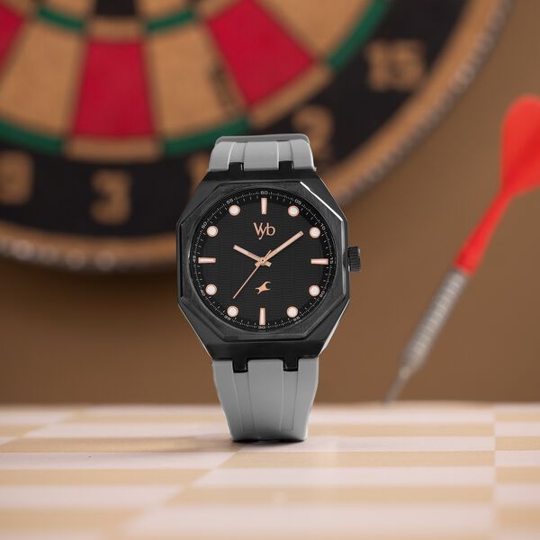 Vyb Rebel By Fastrack Quartz Analog Black Dial Grey Silicone Strap Watch For Guys - image number 0