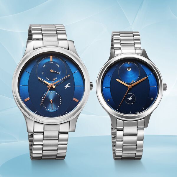 Fastrack Mixmatched Quartz Multifunction Blue Dial Silver Stainless Steel Strap Watch For Couple - image number 0