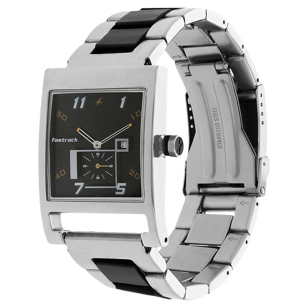 Fastrack Quartz Analog Black Dial Stainless Steel Strap Watch for Guys