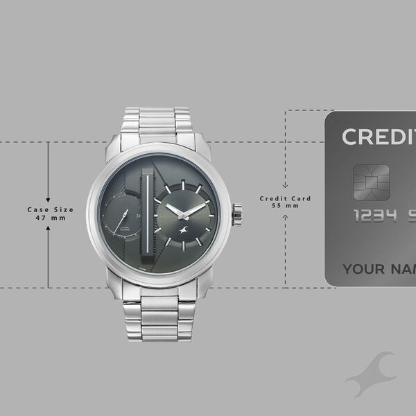 Fastrack Pulse IV Dual Time Analog Watch with Green Dial & Silver Stainless Steel Strap For Guys - image number 3