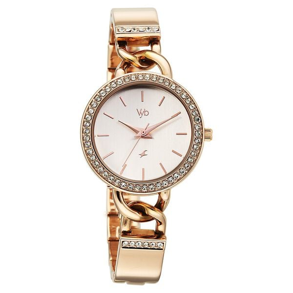 Vyb Mirage By Fastrack Quartz Analog White Dial Rose Gold Metal Strap Watch For Girls - image number 1