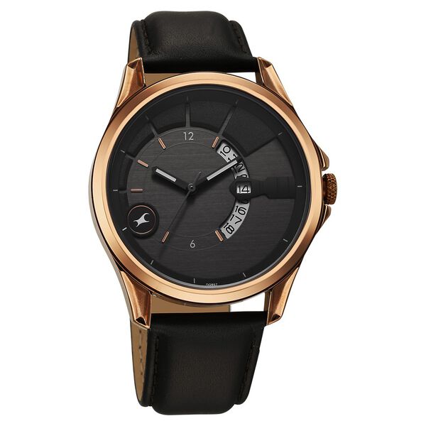 Fastrack Groove Quartz Analog with Date Grey Dial Black Leather Strap Watch For Guys - image number 4