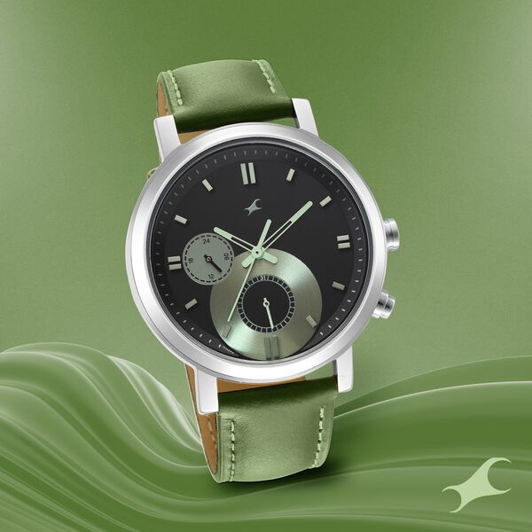 Fastrack Tick Tock Quartz Multifunction Black Dial Leather Strap Watch for Guys - image number 0