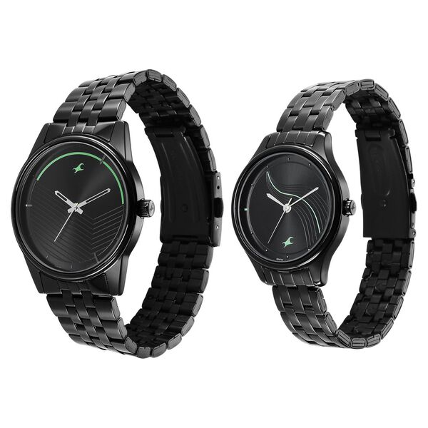 Fastrack Mixmatched Quartz Analog Black Dial Black Stainless Steel Strap Watch for Couple - image number 2