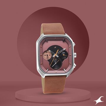 Fastrack After Dark Quartz Analog with Day and Date Brown Dial Leather Strap Watch for Guys