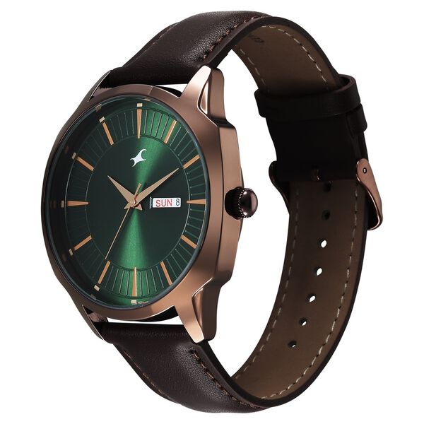 Fastrack Stunners Quartz Analog Green Dial Brown Leather Strap Watch For Guys - image number 2