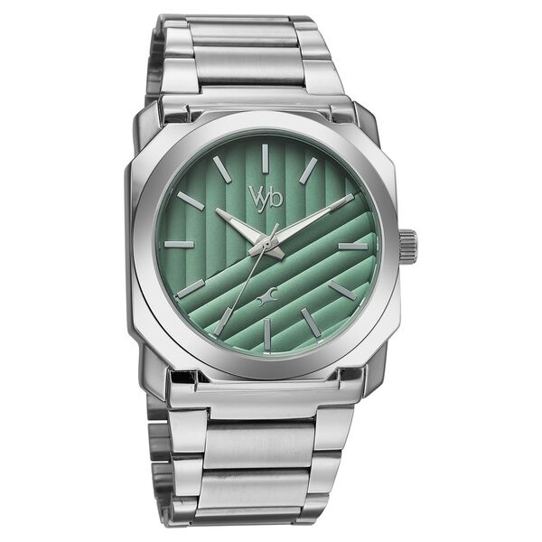 Vyb Challenger By Fastrack Quartz Analog Green Dial Silver Stainless Steel Strap Watch For Guys - image number 1